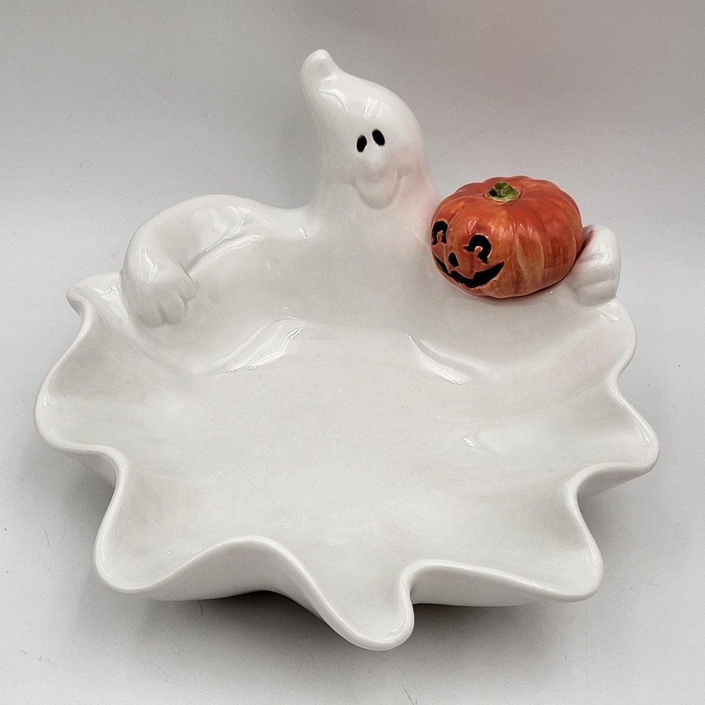 Vintage 1987 Fitz & Floyd  Halloween Ghost w/ Pumpkin Candy Bowl